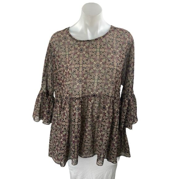 BCBGeneration Women's Brown Floral Flared Bell Sleeve Peplum Sheer Blouse Top S - Picture 1 of 3